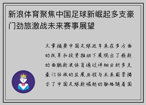 新浪体育聚焦中国足球新崛起多支豪门劲旅激战未来赛事展望